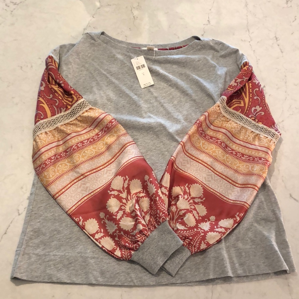 Anthropologie Grey Shirt with Silk Sleeves
